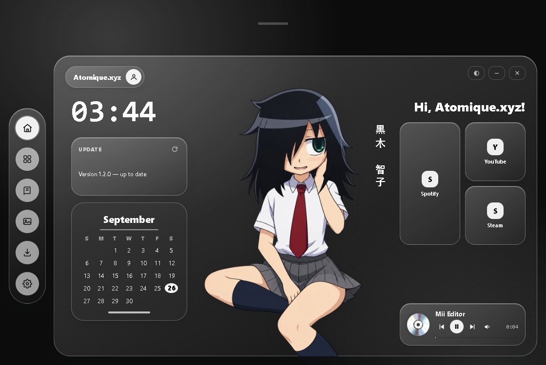 Atomique Hub home screen with a clock, calendar, shortcuts and music player